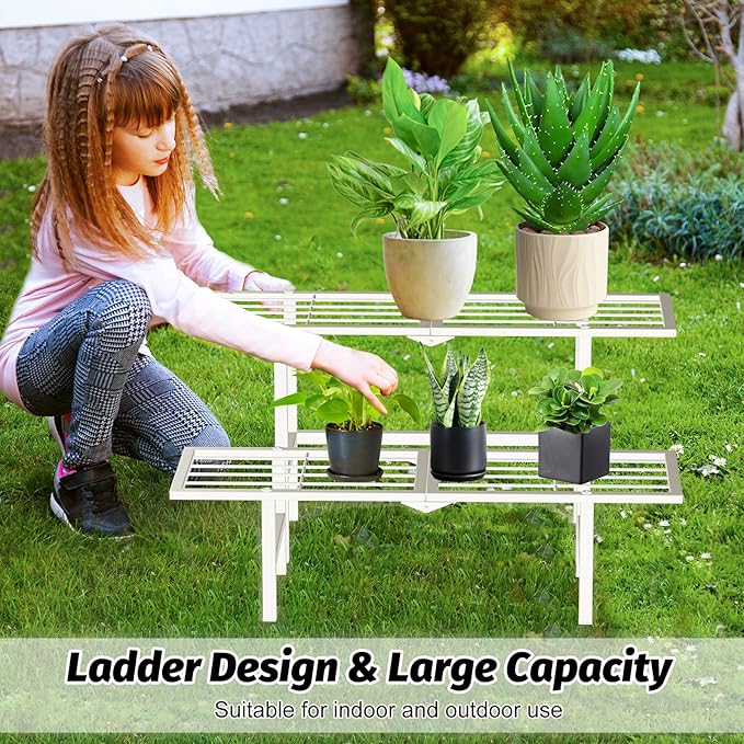 jsyonii 2 Tier Metal Plant Stand Outdoor Indoor Waterproof, Heavy Duty Outdoor Plant Shelf, Foldable Ladder Plant Stands Display Rack for Garden Window, 8.3/15.4'' Tall (White)
