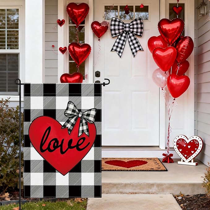pretty_jessie Valentines Day Garden Flag 12x18 Inch Double Sided, Buffalo Plaid Love Hearts Burlap Yard Flag Anniversary Patio, Porch, Backyard Outdoor Decorations