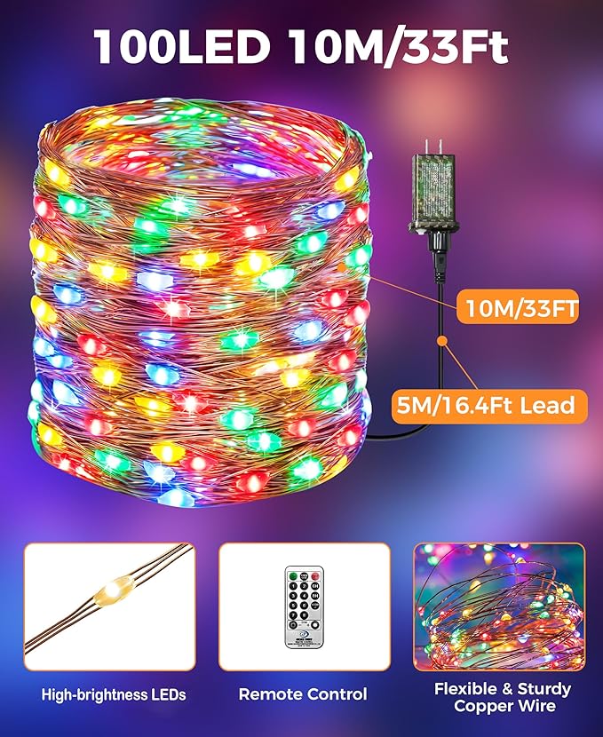 Plug-in Fairy Lights, 33 Ft 100 LED String Light with Remote, 8 Modes, Timer and Dimming Twinkle Lights for Indoor, Bedroom, Party, Decoration, Holiday, Multi-Colored