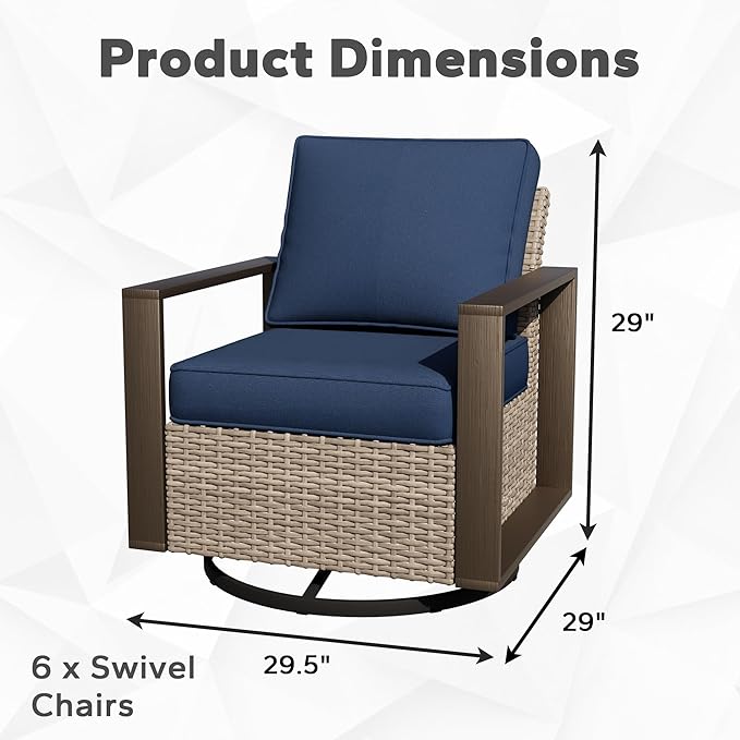 Joyside Outdoor Patio Swivel Rocker Chairs Set, 6 Pieces Wicker Rattan Chairs with Metal Wide Armrest, Thick Cushions and Deep Seating for Garden, Backyard, Porch, Deck