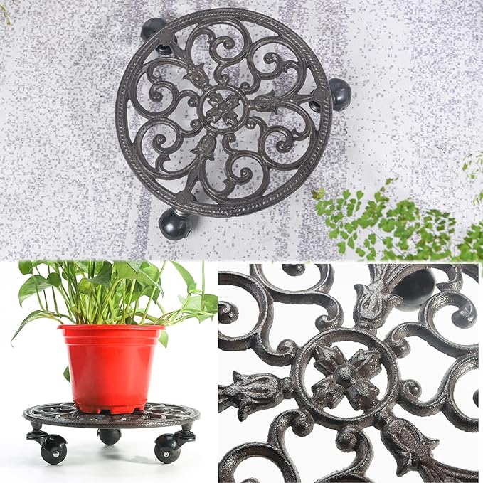 Sungmor Heavy Duty Cast Iron Plant Caddy, Set of 2 & 11 Inch Round Potted Plant Stand Flower Pot Rack on 3 Solid Wheels, Indoor Outdoor Planter Holder Trolley Casters Rolling Tray