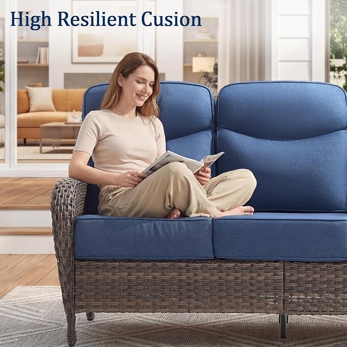 Outdoor Swivel Rocking Chair Patio Set (7-Piece), High-Back - Thick Cushion Swivel Rocking Chair Patio Set, All-Weather Wicker Patio Furniture Set, Suitable for Balcony Patios, Brown/Blue