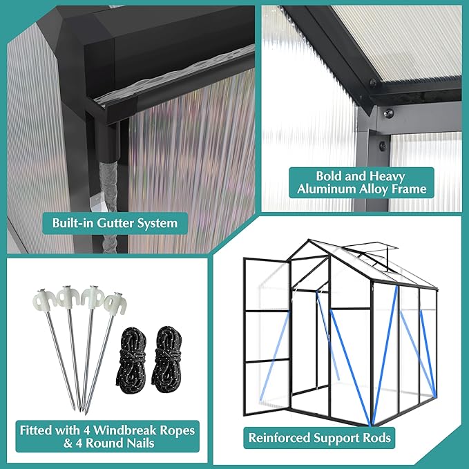 KEIKI Walk-in 6x6 FT Polycarbonate Greenhouse, Aluminum Frame Outdoor Greenhouse with Roof Vent, Anchor Base & UV-Blocking Panels for Backyard Gardening, Black