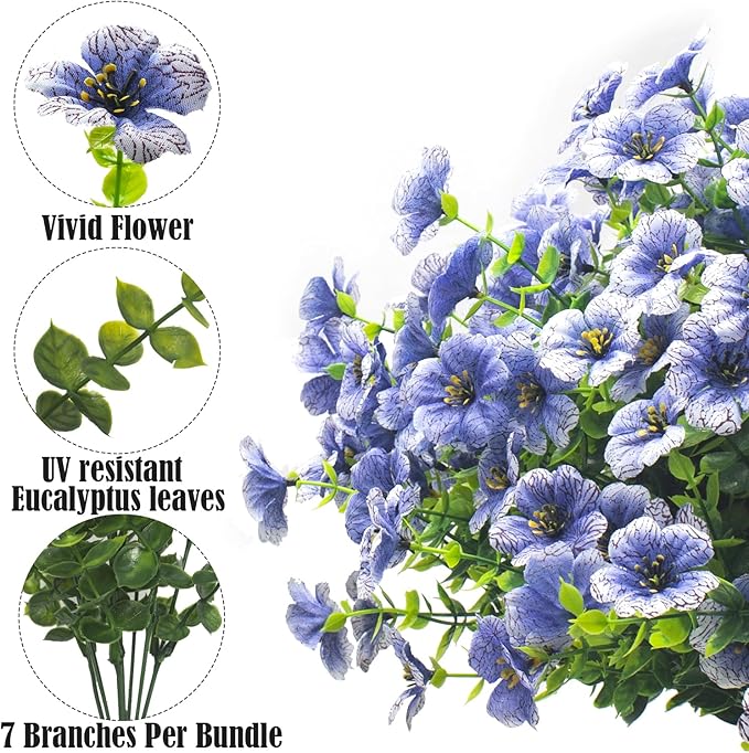 Grunyia Artificial Fake Flowers for Outdoor Spring Decoration, 16 Bundles Faux Silk Colorful Daisy UV Resistant Realistic for Outside Porch Patio Home Yard Garden Planters Pots Window Box (Blue)