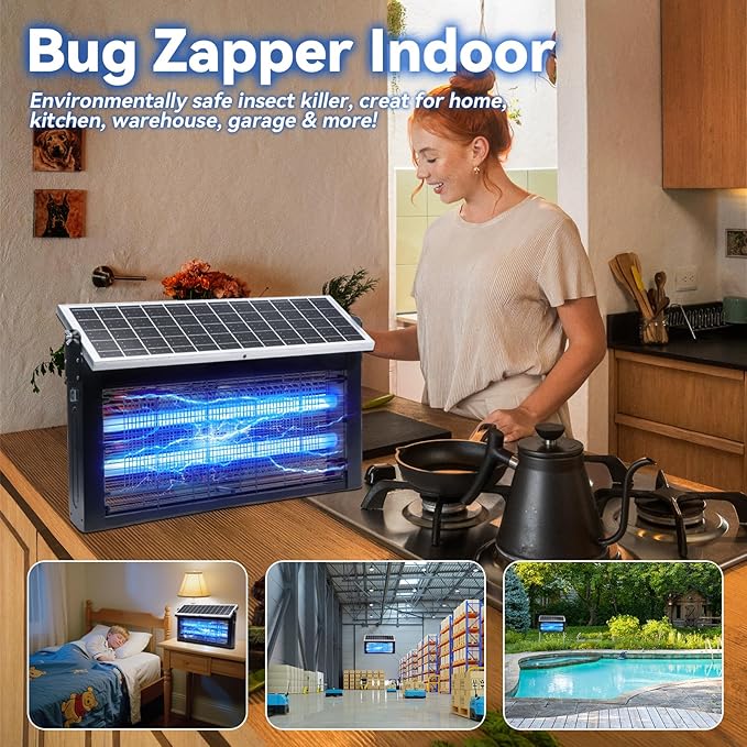Solar Bug Zapper Outdoor w 20W Solar Panel, LANGY 4500V Electric Bug Zapper Solar Powered w 16ft Cable for 4000 Sq.ft, Mosquito Zapper Outdoor Waterproof w 6000mAh Battery for Patio Yard Home Camping