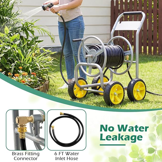 Garden Hose Reel Cart, Mobile Water Hose Cart with Heavy-duty Metal Frame & 4 Solid Wheels, Hold up to 330 ft of 5/8" Hoses, Outdoor Planting Tool for Lawn & Backyard (Silver)