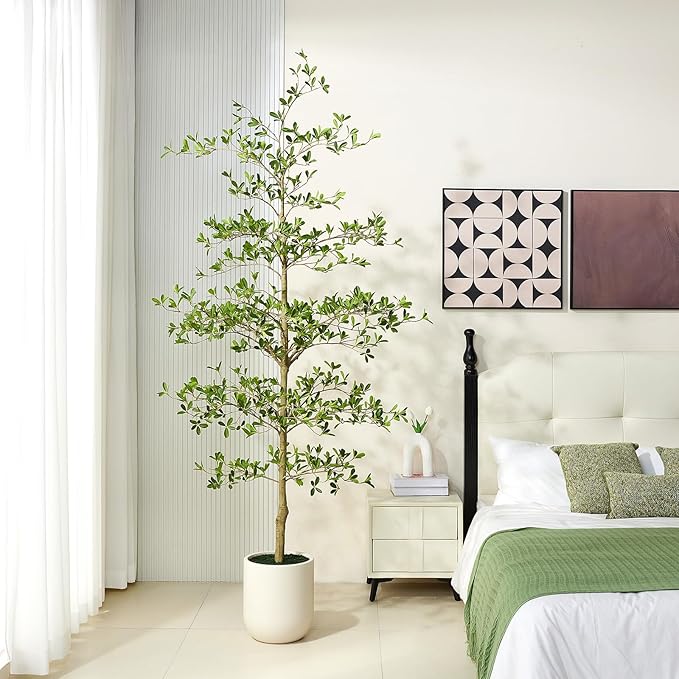 8FT Artificial Black Olive Tree Indoor with White Planter – Tall Luxury Faux Olive Tree, Mediterranean Architectural Statement Decor for Living Room & Office,VN232