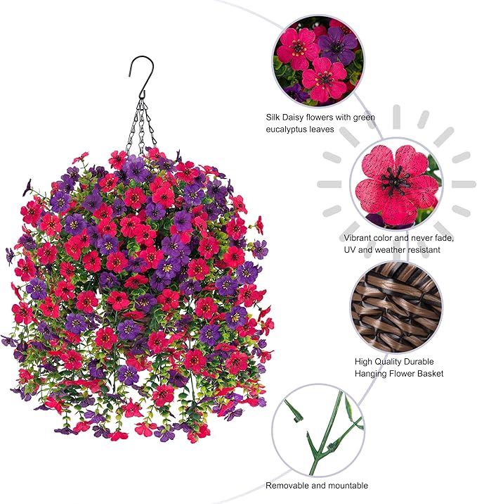HyeFlora Artificial Hanging Flowers Basket for Outdoor, Fake Flowers Faux Plants Look Real for Yard Gardens Porch Patio Home (Darkpurple+Hotpink)