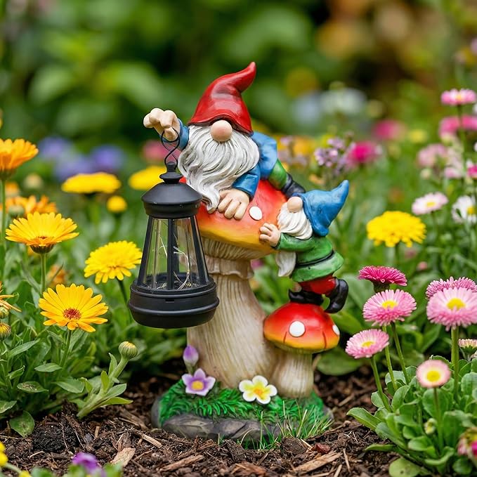 C&Y&G&X Solar Garden Gnome Statue - Waterproof Outdoor Mushroom Decor with Solar Lantern LED Lights for Yard, Lawn, Patio - Ideal Gifts for Mom Grandm