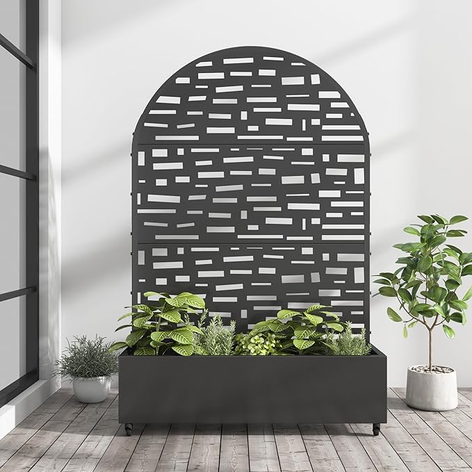 Casaphoria Metal Raised Garden Bed with Trellis and Wheels, 72"x47"x16" Arched Planter Box for Climbing Plants, Vegetables & Vines, Features Drainage Holes and Privacy Screen (Black-Gerald)