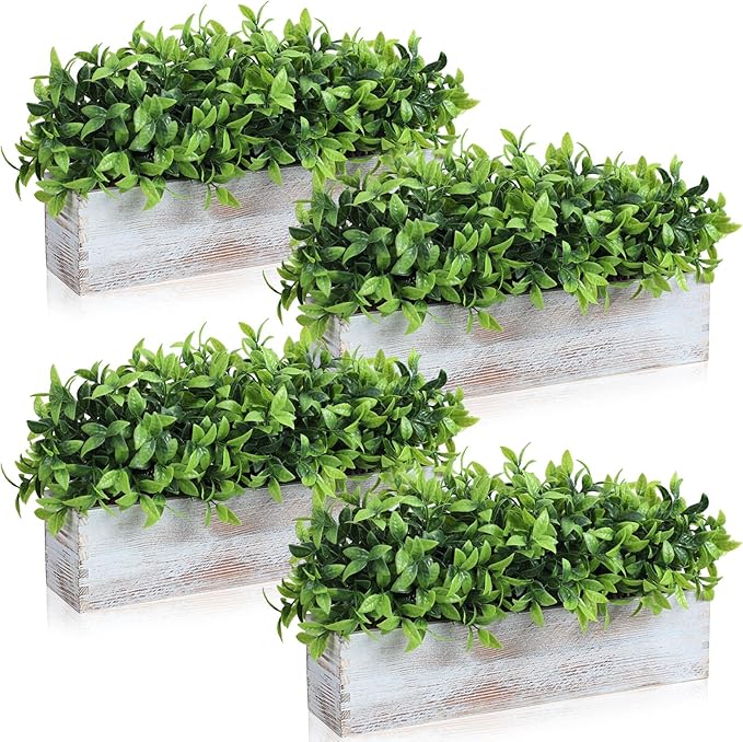Lyrow 4 Pack Artificial Eucalyptus Plant in Rectangular Rustic Wooden Planter Box Faux Potted Herb Plant Table Centerpiece for Kitchen Windowsill Shelf Decor (White,16 '')