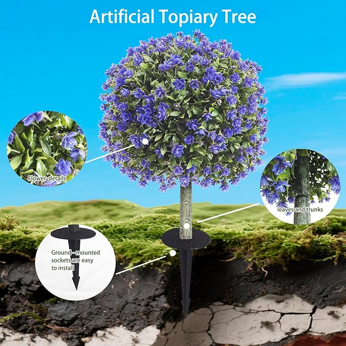 R’s Ceder Artificial Boxwood Topiary Ball Trees with Purple Rose, 2 Set of 19'' UV Resistant Fake Evergreen Shrubs Bushes Plants with Ground Spike Fake Plants for Outdoor Indoor Front Porch Garden