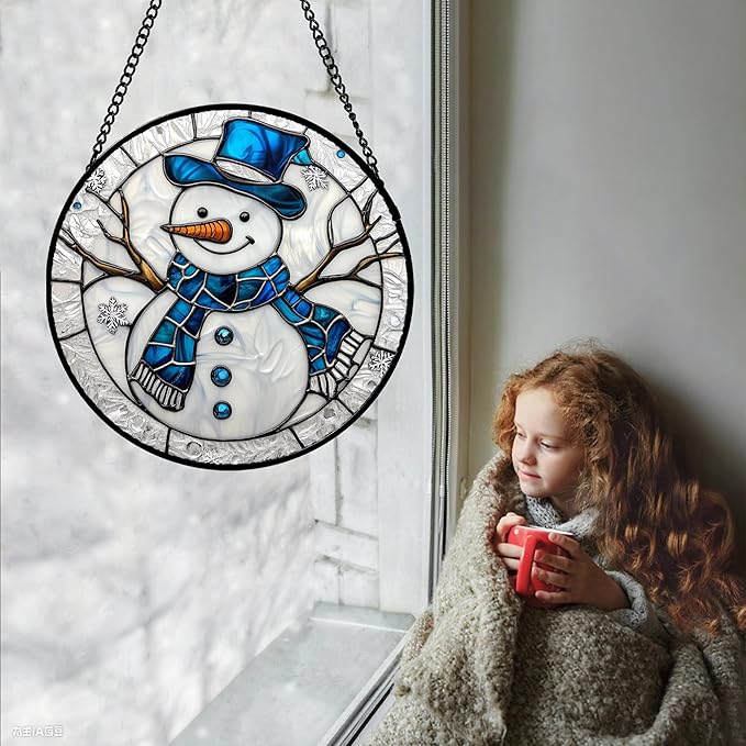 DASTOLL Stained Glass Window Hanging Christmas Snowman Blue White 6.3" - Suncatcher Door Garden Sun Catcher Home Decor Birthday Mother's Day Xmas Gift for Mom Men Woman Her Nana Parents Girl