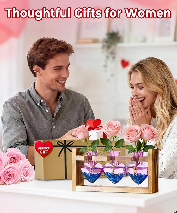 Nacome Plant Terrarium Propagation Stations: Valentines Day Gifts for Her Plant Lovers Women Mom Wife Daughter - 3 Bulb Glass Vase with Wooden Stand Tabletop for Hydroponics Indoor Home Decor(Purple)