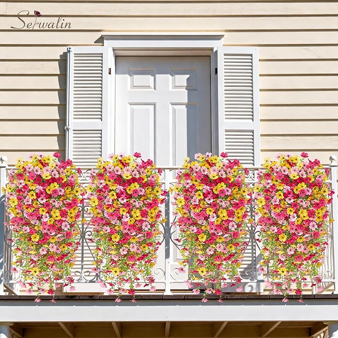 Serwalin 6PCS Artificial Fall Flowers for Outdoors Decoration, Realistic Silk Artificial Fall Hanging Flowers for Patio, Garden, Porch, Window, Outside (Yellow, Hot Pink & Pink,6PCS)