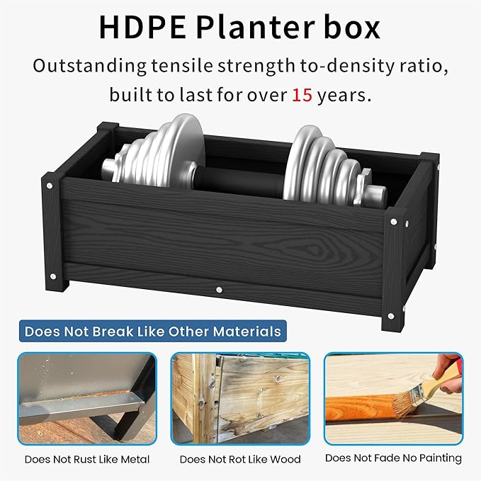 HDPE Planter Box, All-Weather Outdoor Garden Bed Easy to Assemble, Drainage System, Low Maintenance, Non-Fading, for Flower/Herb/Seed (Black)