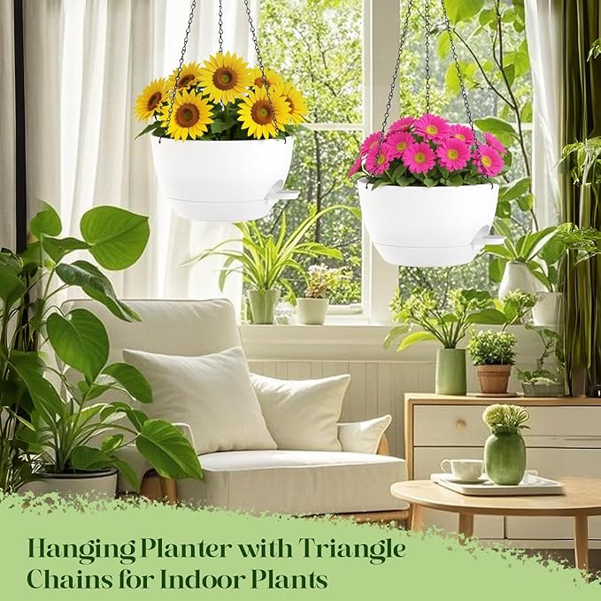 zople 10 Inch Hanging Planters with Chains 2 Pack Self Watering White Plastic Hanging Pots for Indoor Outdoor Plants, Garden Porch Home Decor (White)