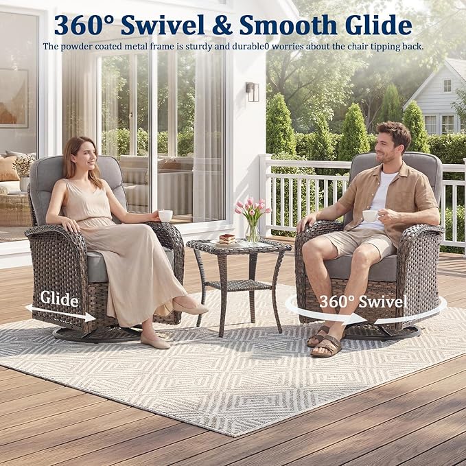 Outdoor Swivel Rocking Chair Patio Set (3-Piece), High-Back - Thick Cushion Swivel Rocking Chair Patio Set, All-Weather Wicker Patio Furniture Set, Suitable for Balcony Patios, Brown/Gery