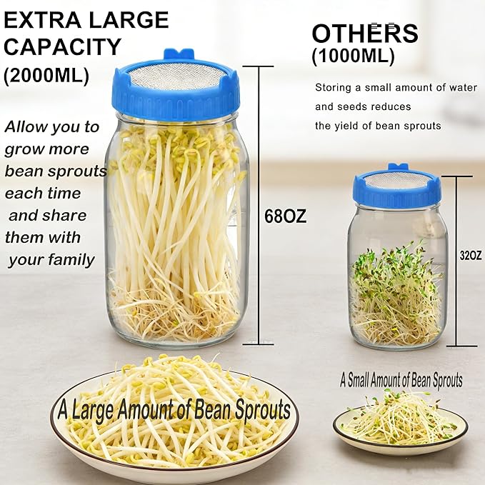  [Large Size] 68oz Sprouting Kit, 2 Sprouting Jar Kits, Wide Mouth Jar with Stainless Steel Screen Sprout Lid, 2000ml Sprouts Growing Kit, Seed Sprouter Set for Growing Broccoli, Bean, Alfalfa ﻿