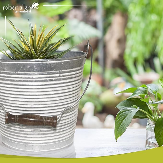 Headwind Vintage Collection - Floral Galvanized White Wash Planter with Handles – 12 Inch Flower Pots Decorative Plant Indoor – Plant Pots Indoor with Drainage by Robert Allen