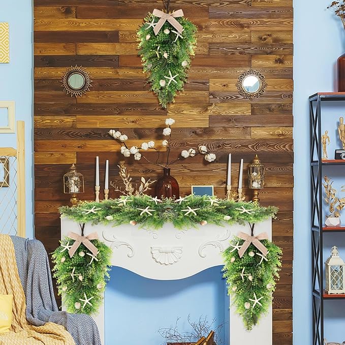 2 Pcs 24"Seashell Starfish Teardrop Swag Wreath with Green Leaves for Front Door Wedding Rustic Farmhouse Costal Starfish Conch Shells Wreath for Indoor Outdoor Spring Summer All Seasons Home Decor ﻿