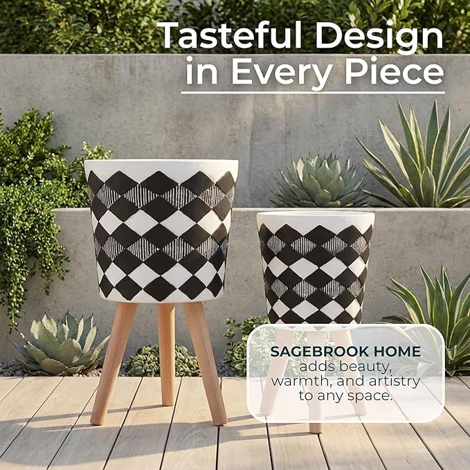 Sagebrook Home Set of 2 Geometric Planters on Stands - Resin & Wood Mid-Century Modern Plant Pots for Indoor/Outdoor Home & Garden Decor - 12" & 10", Black & White G