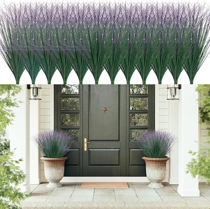 LUZOGA 48Pcs Artificial Grass Plants, Faux Shrubs Wheat Grass, Artificial Tall Grass Fake Plants for Outdoor Decor,Artificial Greenery Stems Weed for Room Indoor Home Decor（Green Purple Tail）