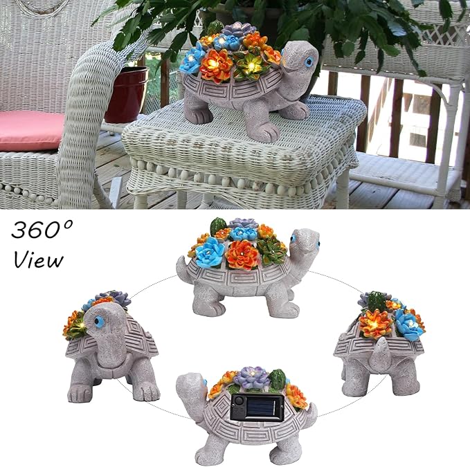Solar Garden Turtle Statues 7 LED Lights Outdoor Decor Turtle with Succulent Resin Sculpture Patio Porch Balcony Yard Lawn Art Decor Birthday Father's Day Gifts for Women Grandma Housewarming Gifts