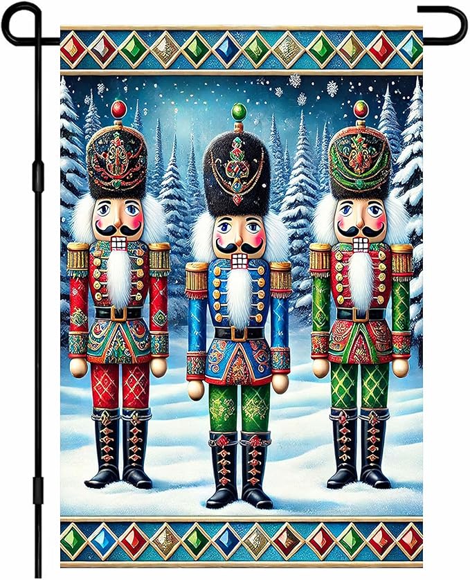 IVN Christmas Garden Flag 12x18 Inch Nutcracker Soldiers in Colorful Uniform with Snowy Pine Trees and Holiday Border Flag Double Sided Outdoor Yard Banner for Porch Lawn Patio Decor Winter