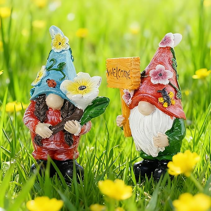 2-Piece Spring Flower Theme Gnome Resin Statues - Outdoor Patio & Lawn Garden Decor, Indoor Home Ornament, Dwarf Garden Figurines, Ideal Gift for Parents & Friends