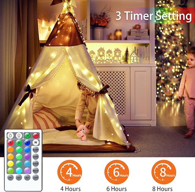 33ft 100LED Fairy Lights Battery Operated, 2 Pack 16.5ft 16 Color Changing String Lights with Remote Timer, RGB Waterproof Twinkle Lights for Indoor Outdoor Room Garden Yard Decor