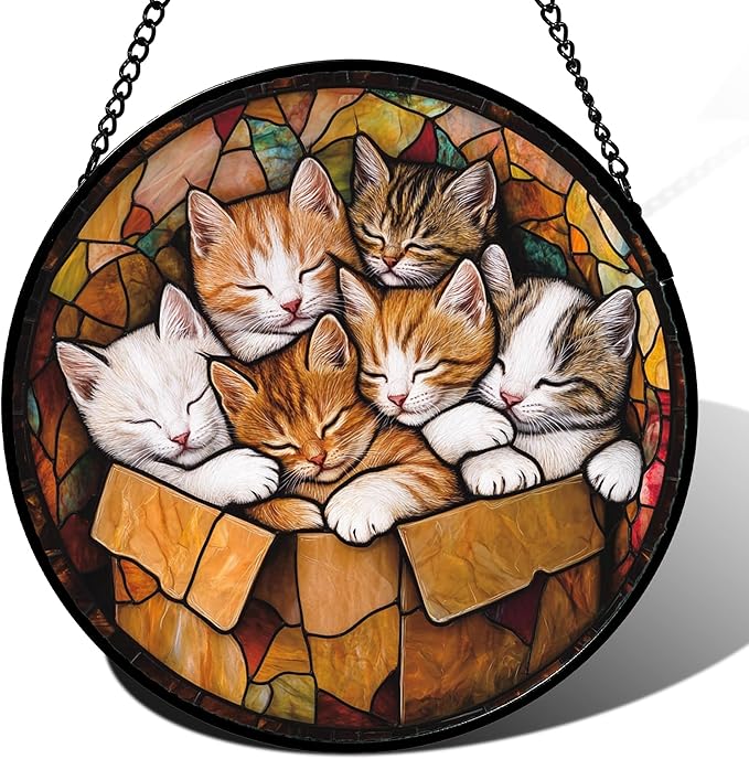 Stained Glass Window Hanging 6 Cute Kittens Large 15" - Cat Gift Suncatcher Door Sun Catcher Decor Birthday Christmas for Lost Pets Mom Men Woman Friend