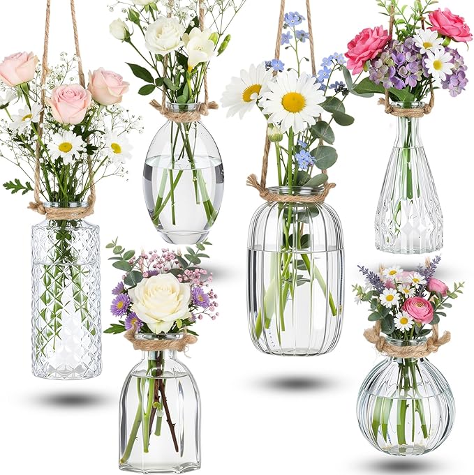 Teecyhooo 6 Pcs Stained Glass Hanging Vases Colorful Glass Terrariums with Rope Small Hanging Planters Pot Containers for Air Plants Flowers Garden Home Wedding Decor(Clear Series)