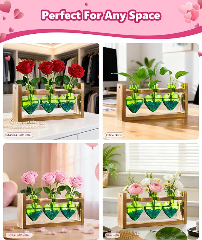 Nacome Plant Terrarium Propagation Stations: Valentines Day Gifts for Her Plant Lovers Women Mom Wife Daughter - 3 Bulb Glass Vase with Wooden Stand Tabletop for Hydroponics Indoor Home Decor(Green)
