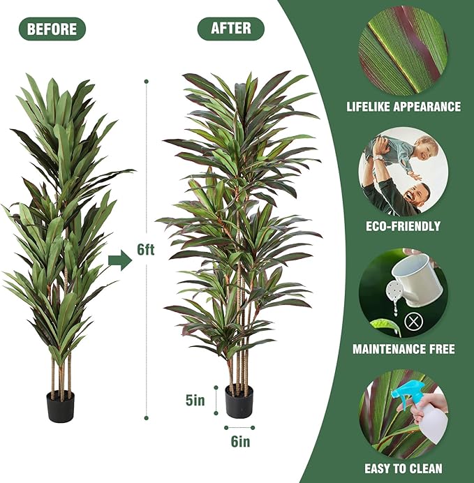 FLOWORLD Dracaena Artificial Plant 6ft Red Yucca Silk Tree Faux Plants Indoor Tall Fake House Floor Plants Realistic Artificial Trees for Home Office Decor Indoor Outdoor Housewarming Gift