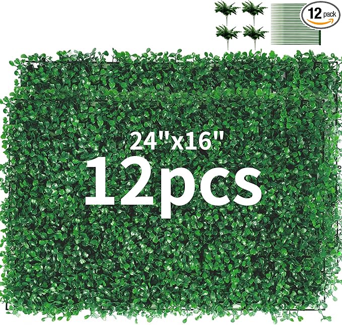 TOPDEEP 12 Pieces 24"x 16" Artificial Boxwood Panel, Grass Wall Panel, Boxwood Hedge Wall Panels UV Protected Suitable for Artificial Green Wall Decor, Fence Garden Wedding Backyard Decor