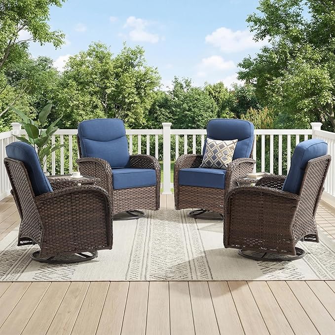 Outdoor Swivel Rocking Chair Patio Set (6PCS), High-Back - Thick Cushion Swivel Rocking Chair Patio Set, All-Weather Wicker Patio Furniture Set, Suitable for Balcony Patios, Brown/Blue