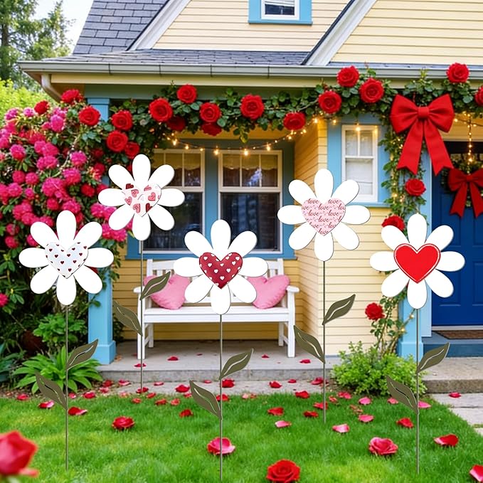 Nuanchu 5 Pcs 27.4" Metal Valentine's Day Yard Signs Valentine Yard Sign Stake Waterproof Love Heart Flower Lawn Signs Valentine Outdoor Decorations for Outside Garden Patio Pathway Home Decor