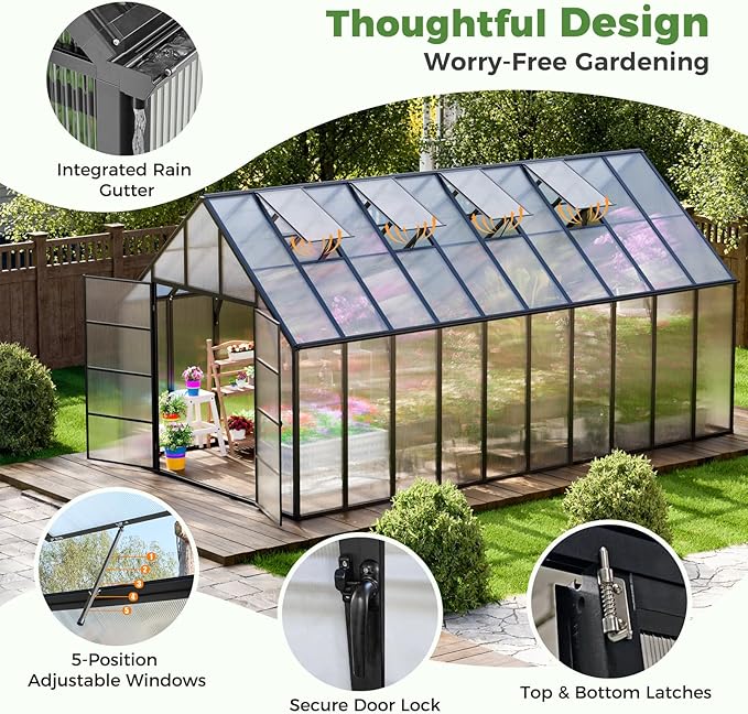 10*20 FT Aluminum-Framed Greenhouses for Outdoors Heavy Duty, Polycarbonate Greenhouse with Quick Setup Structure and Double Door, Walk-in Greenhouse kit for Garden & Backyard
