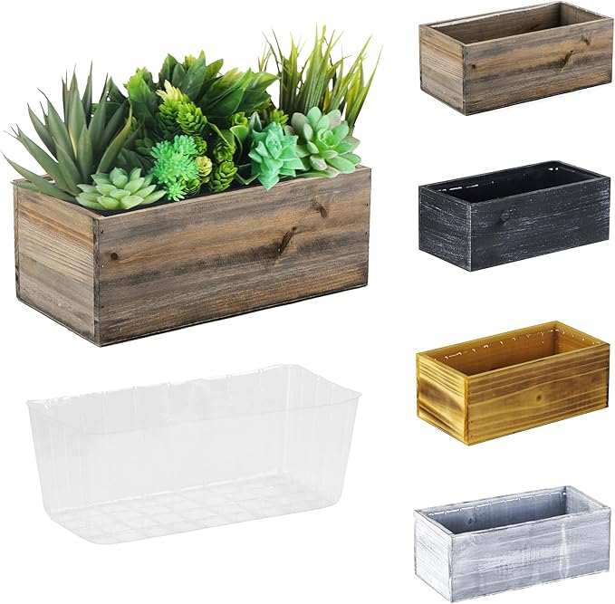 CYS EXCEL Small Natural Brown Wood Rectangle Planter with Removable Plastic Liner (H:4" Open:10"x5") Country Rustic Indoor Decorative Box for Flower Succulent