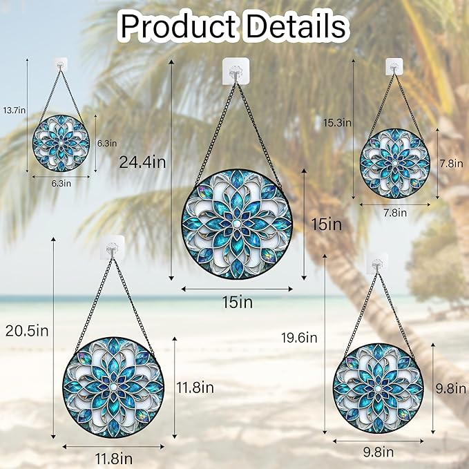 JOSUMALY Stained Glass Window Hanging - Blue White Abstract Flowers Suncatcher for Door Terrace Garden Home Decor Boho Sun Catcher Birthday Gifts for Lovers Women Men Dad Mom Nana 15 in