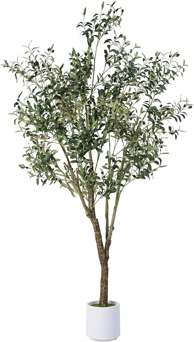 Jocoevol Artificial Olive Tree 7FT, Indoor Fake Silk Plant with Realistic Trunk, Leaves, Fruits and White Planter, Faux Potted Tree for Home Decor and Housewarming Gift, 1 Pack