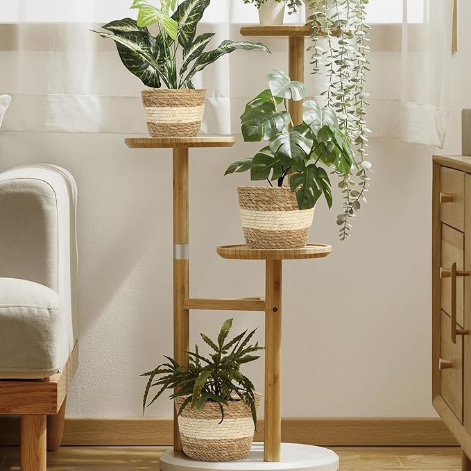 Athaliah Plant Basket Set of 3, Woven Plant Baskets Indoor with Plastic Liner, Water Hyacinth & Corn Husk Planter Baskets, Floor Plant Baskets for Pots, Rustic Farmhouse Home Decor