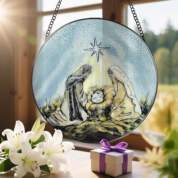 8'' Stained Glass Window Hanging, Nativity Ornament, Religious Suncatcher Ornament, Christian Decor, Holiday Decor, Gift for Christmas, Religious Gifts, Christian Gifts