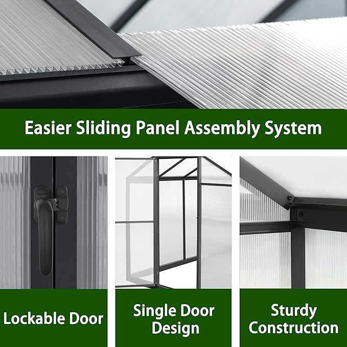 6' x10' Polycarbonate Aluminum Greenhouse Kit for Outdoor, Walk-in Greenhouse with Lockable Door and Adjustable Roof Vent, Backyard Garden in Winter, Gray