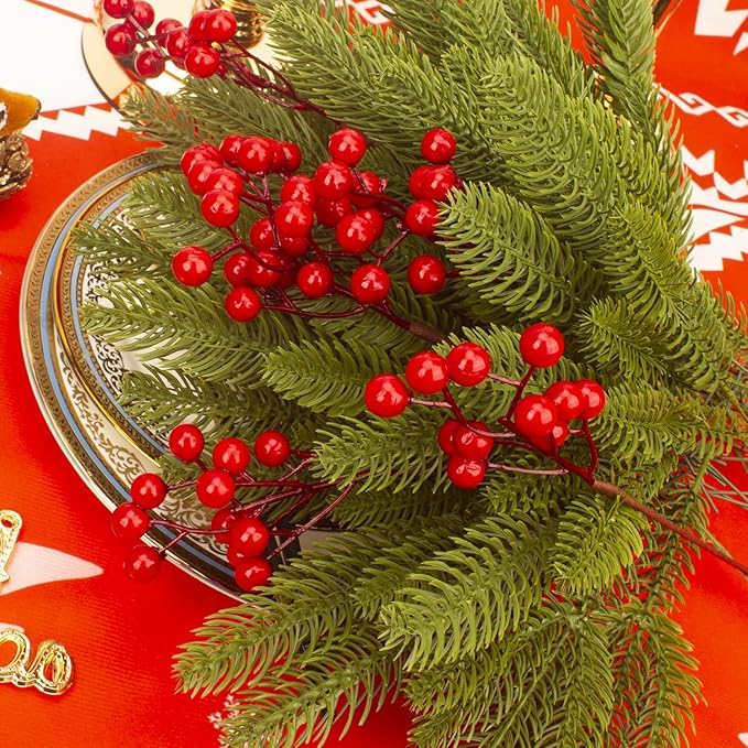 Grunyia 50 Pcs Artificial Pine Branches Fake Greenery Plants Pine Picks DIY Accessories for Garland Wreath Christmas and Home Garden Decor