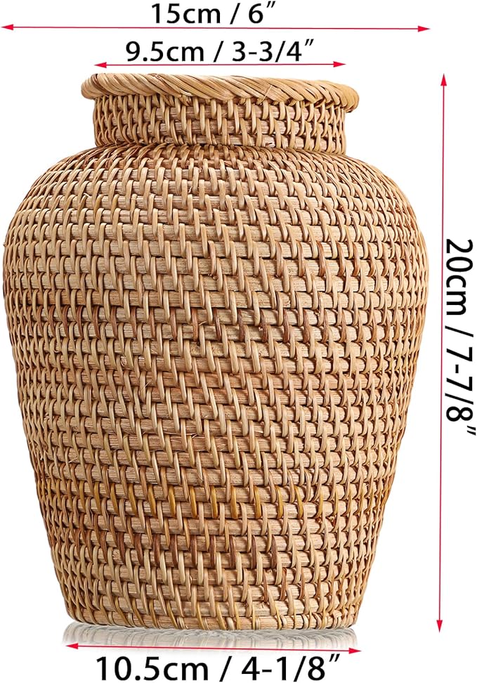 JUXYES Tabletop Woven Rattan Vase for Flowers, Rustic Country Style Rattan Basket Vase, Farmhouse Small Wicker Woven Bouquet Vase Table Centerpiece for Home Decor