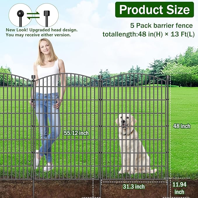 No Dig Decorative Garden Fence 5 Panels, 48 in (H) x 13 ft (L), Dog Fence Outdoor for Yard，Rustproof Metal Animal Barrier Ground Stakes Fencing for Garden, Patio, Flower Bed