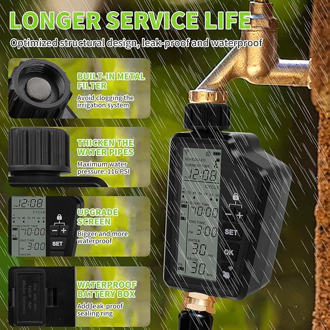 Smart Water Timer for Garden Hose, Programmable Sprinkler Timer with Rain Delay, Manual and Automatic Irrigation System, Child Lock, IP54 Waterproof, for Lawn Yard Garden Watering, 1 Outlet