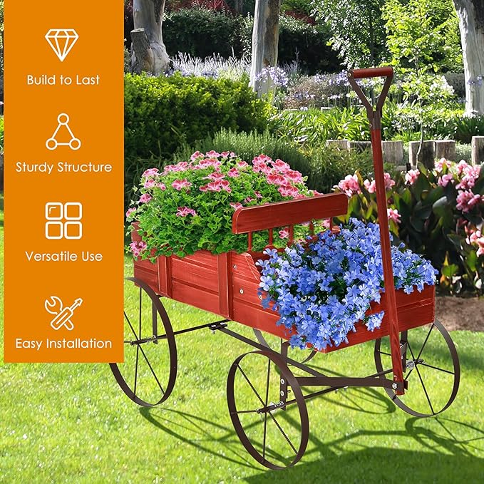 Goplus Wagon Planter, Decorative Wooden Garden Planter with Wheels, 2 Planting Sections and Adjustable Handle, Indoor Outdoor Backyard Balcony Decor (Red)